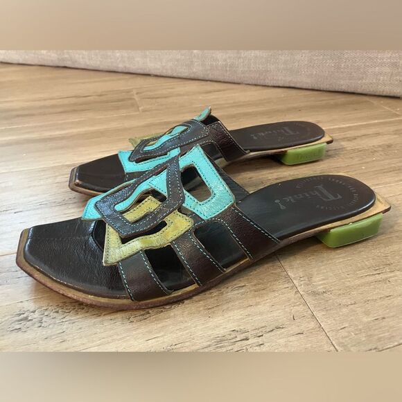 Think! Designer leather upper/ sole geometric retro women’s slides 9.5” size 8 - Picture 2 of 6